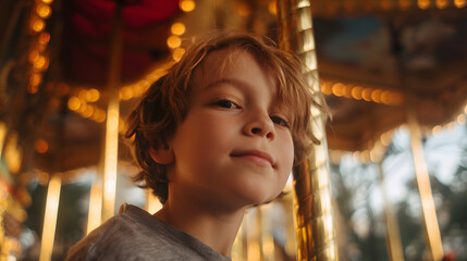 Child Riding Venetian Carousel – Close-Up with Golden Hour Lighting, 35mm Lens