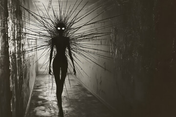A surreal creature with spikes and empty white eyes