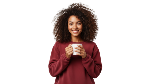 Smiling Woman Holding Coffee Mug on White Background
 - Powered by Adobe