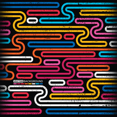 Grunge-style abstract background with colorful curved lines on black. Retro design with vibrant stripes and halftone texture, perfect for creative projects.