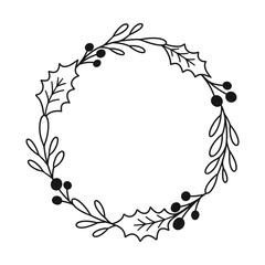 Merry Christmas wreath with twigs, holly leaves and berries. Holiday vector illustration. Nature design greeting card template. Winter xmas decoration.