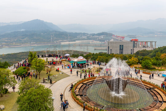 View of The Three Gorges Dam and visitors centre at Sandouping, Sandouping, Hubei, China, Asia