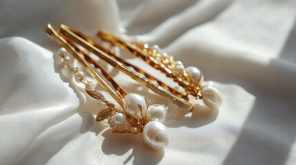 Naklejka premium Styled composition of gold and pearl hair clips bathed in sunlight on a white backdrop 