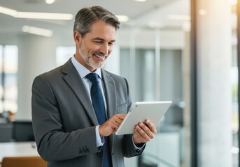 Fototapeta premium Professional businessman with graying hair and beard confidently uses a tablet device in a modern office setting