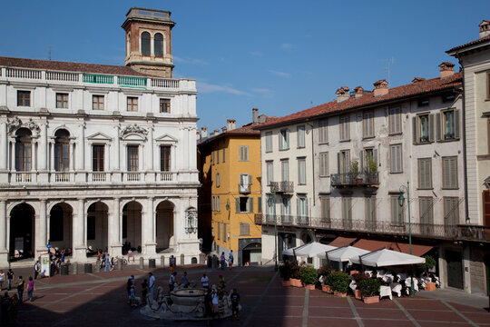 Piazza Vecchia at sunset, Bergamo, Lombardy, Italy