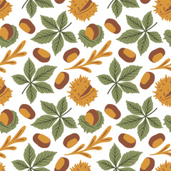 Seamless pattern with colorful autumn leaves, berries. Vector background for Thanksgiving Day.