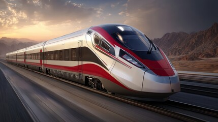 Naklejka premium High-speed train in motion across a desert landscape.