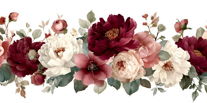 Watercolor floral border, peonies and roses in dark pink, maroon, and blush cream colors, on a white background, with leaves and foliage in greenery.