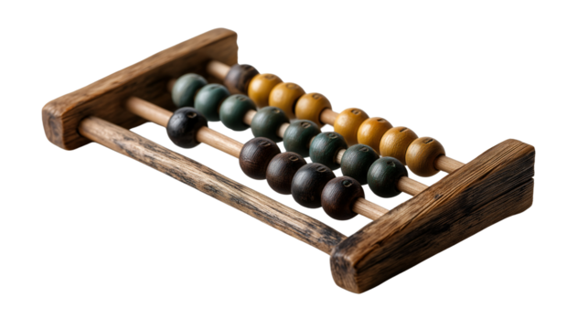 A close-up shot of an abacus against a simple backdrop. This vintage abacus showcases its wooden frame and colorful beads, ready for calculation