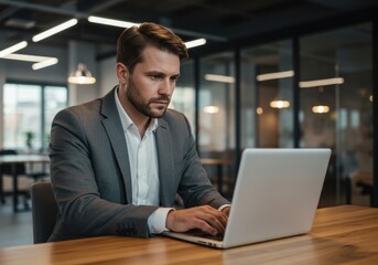 Focused professional man working diligently on laptop in modern office environment with sleek design and ambient lighting