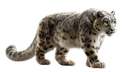 Obraz premium A majestic snow leopard captured in all its glory, walking gracefully and exuding an air of power and elegance. The animal's coat is beautifully marked with rosettes.