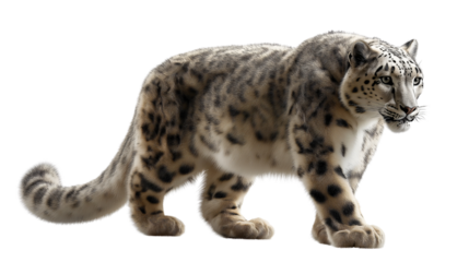 A majestic snow leopard captured in all its glory, walking gracefully and exuding an air of power and elegance. The animal's coat is beautifully marked with rosettes.