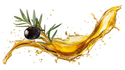 An artistic view of black olive, olive oil splash and branch