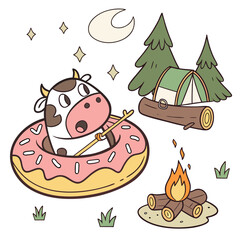 Cute Surprised Cow, accessorized with inside a donut float, in a Camping trip world – Campfire Glow palette vector
