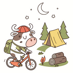 Cute Bashful Cow, accessorized with riding a bicycle, in a Camping trip world – Campfire Glow palette vector