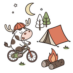 Cute Bashful Cow, accessorized with riding a bicycle, in a Camping trip world – Campfire Glow palette vector