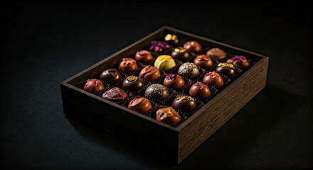 Assorted Chocolate Truffles in Wooden Box on Transparent Background