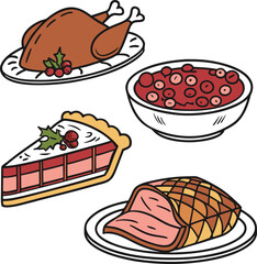 A vibrant vector illustration set featuring diverse fast food items like hamburgers, pizza, and sandwiches, alongside fresh meat and vegetables