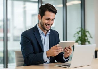 Fototapeta premium Smiling businessman in a dark suit using a tablet computer while working at his desk with a laptop and plant