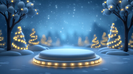 Christmas Snowy Podium with Festive Lights in Winter Wonderland