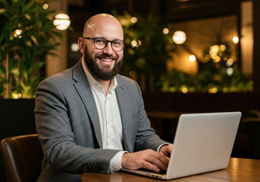 Smiling bald man with beard and glasses works on a laptop in a cozy ambiance with soft lighting and greenery
