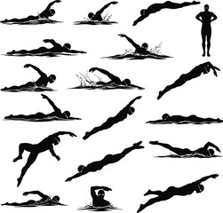 Silhouette vector illustration of professional swimmers in various swimming poses and actions, freestyle strokes, diving technique, competition athlete collection, water sport concept