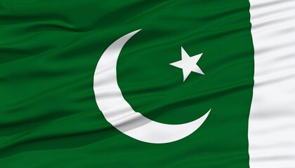 Pakistani flag with white crescent moon and star on deep green field, vertical white stripe, symbolizing peace and progress