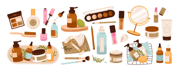 Makeup and skincare products including serum, lipstick, and brushes. Cosmetic items like mascara, eyeshadow, and moisturizer. Beauty cosmetology concept. Flat vector illustration set.