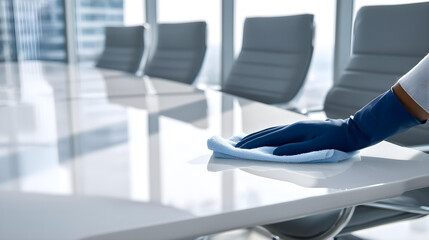 Hand wiping the table with a cloth