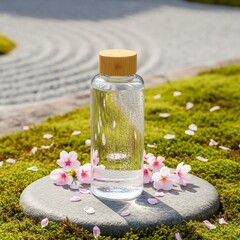 Transparent water bottle on a stone surface in a serene Japanese Zen garden with cherry blossoms, bright daylight.