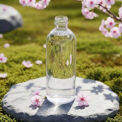 Transparent water bottle on a stone surface in a serene Japanese Zen garden with cherry blossoms, bright daylight.