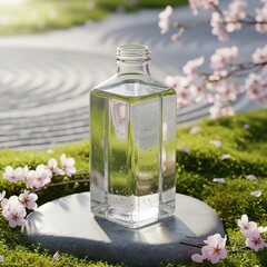Transparent water bottle on a stone surface in a serene Japanese Zen garden with cherry blossoms, bright daylight.