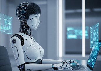 Humanoid Robot Using Laptop in a Futuristic Office