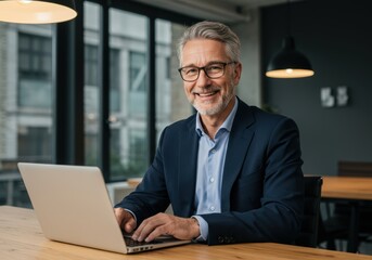 Smiling senior businessman working on laptop in modern office environment with natural light and contemporary decor