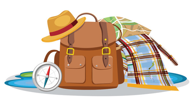 Illustration of a brown backpack with a hat, compass, map, and plaid shirt for travel theme