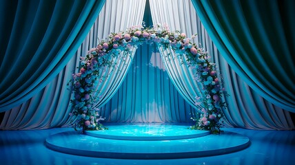 Elegant wedding stage arch with flowers and curtains decoration