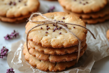 Stack of cookies with purple flowers on top.