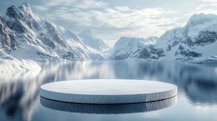 White round podium floating on blue water with snowy mountains in the background, perfect for showcasing winter products