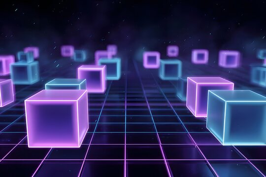 Tuber background, a grid with neon shapes and glowing cubes floating in the air, a dark blue and purple color scheme, 
