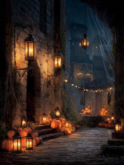 Old castle, pumpkins, lanterns and candles