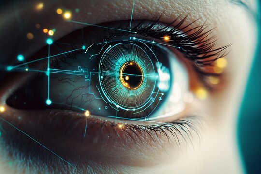 Cybernetic human eye scanning with futuristic red and blue augmented reality interface