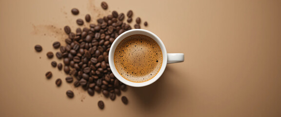 Overhead Shot of Espresso Cup and Spilled Coffee Beans on Beige Background