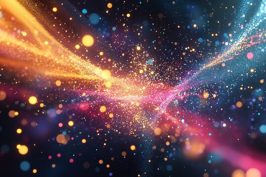 Colorful glitter explosion in abstract motion with glowing particles and magical light effect