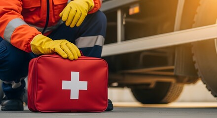 Emergency medical responder with first aid kit providing immediate care near truck, symbolizing safety and preparedness during roadside assistance