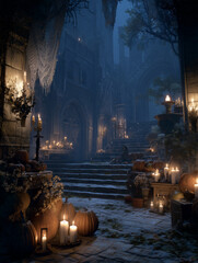 Old castle, pumpkins, lanterns and candles