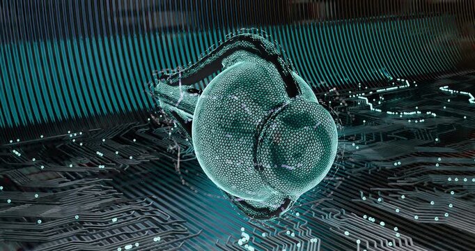 3D animation rotating abstract low-polygonal digital eye frame with neon backlight with digital scanning effect. Futuristic visualization of innovation and science