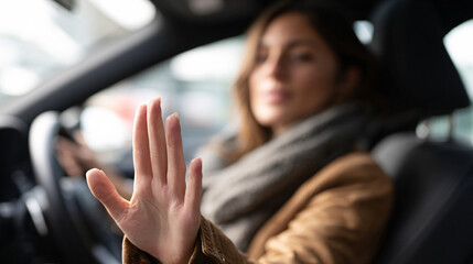 Focused Driving: An elegant woman confidently gestures 'stop' while driving, conveying a sense of caution and control on the open road. 