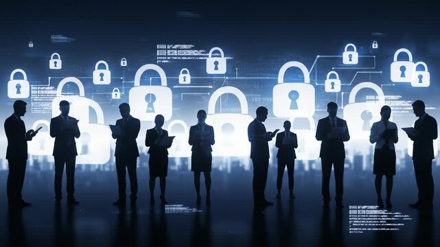 Cybersecurity Team Silhouettes Protecting Data with Digital Lock Icons: Business Professionals Safeguarding Information in the Digital Age