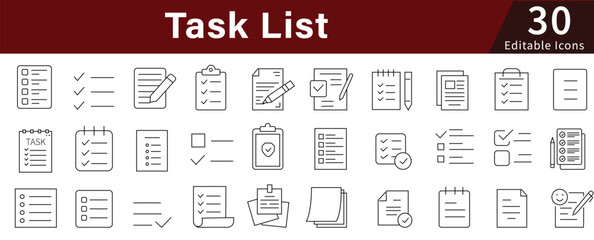 Task List Line Icons Set with Editable Stroke for Organization, Planning, Productivity, and Work Management
