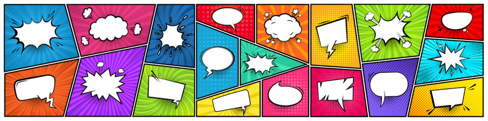 Superhero comic book action background with speech cloud, chat box, idea bubble or text message balloon. Colorful cartoon paper banner frame with halftone dot, speed icon, sun burst and retro texture.